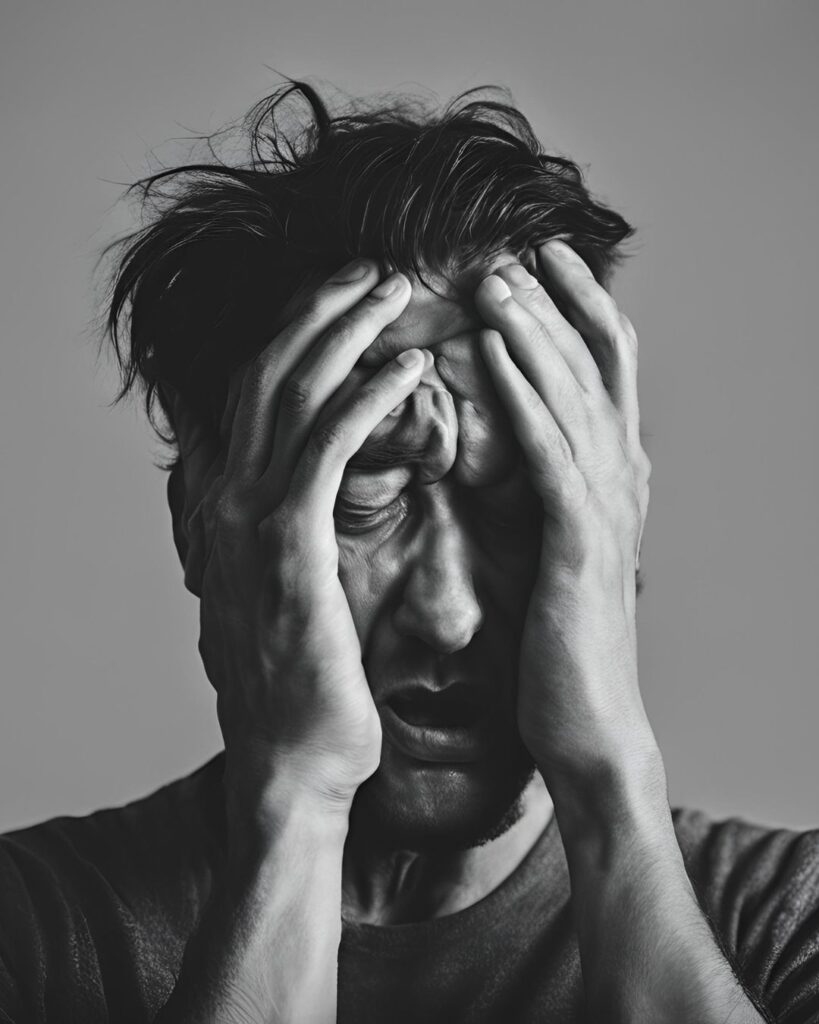 Distressed man holding his head in both hands, eyes closed tightly, and face contorted in emotional pain, conveying intense stress or suicidal thoughts