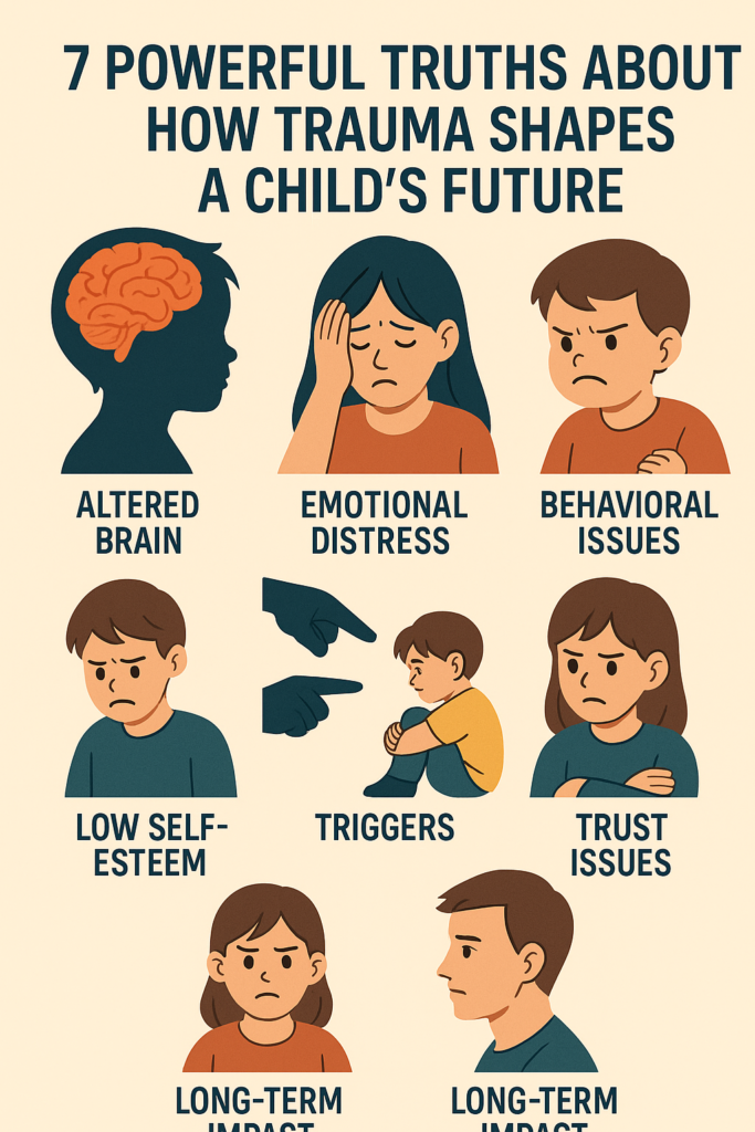 Digital illustration of a child sitting alone in a dark room, surrounded by fragmented words like "worthless," "ugly," and "stupid," symbolizing the emotional impact of verbal abuse and childhood trauma.