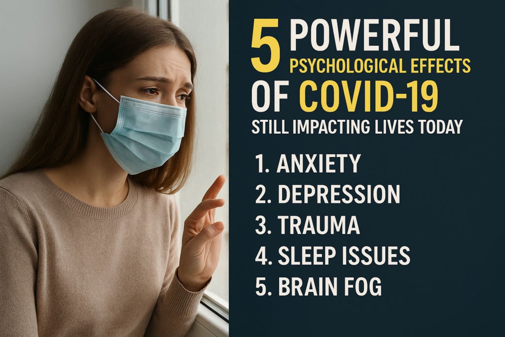 Infographic showing the lingering psychological effects of COVID-19, with a masked face and mental health symbols like stress, anxiety, and isolation.
