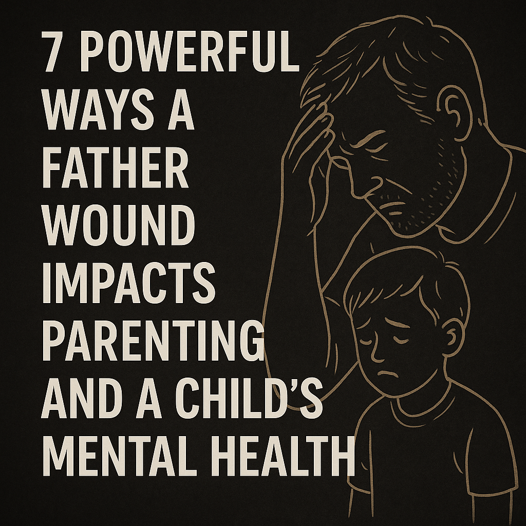 Digital illustration of a father and grandfather facing away from each other, with a child standing between them, symbolizing generational conflict and emotional distance.
