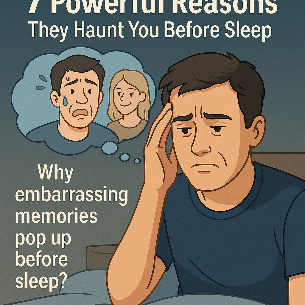 Man recalling embarrassing memories before sleep, looking distressed