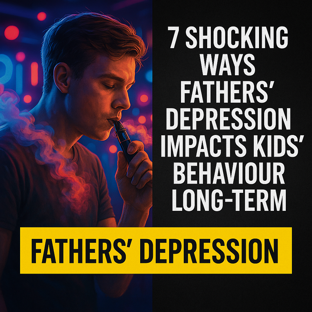 Split digital illustration showing a young man vaping in neon lights on the left, contrasted with bold text about the long-term effects of fathers’ depression on children on the right.