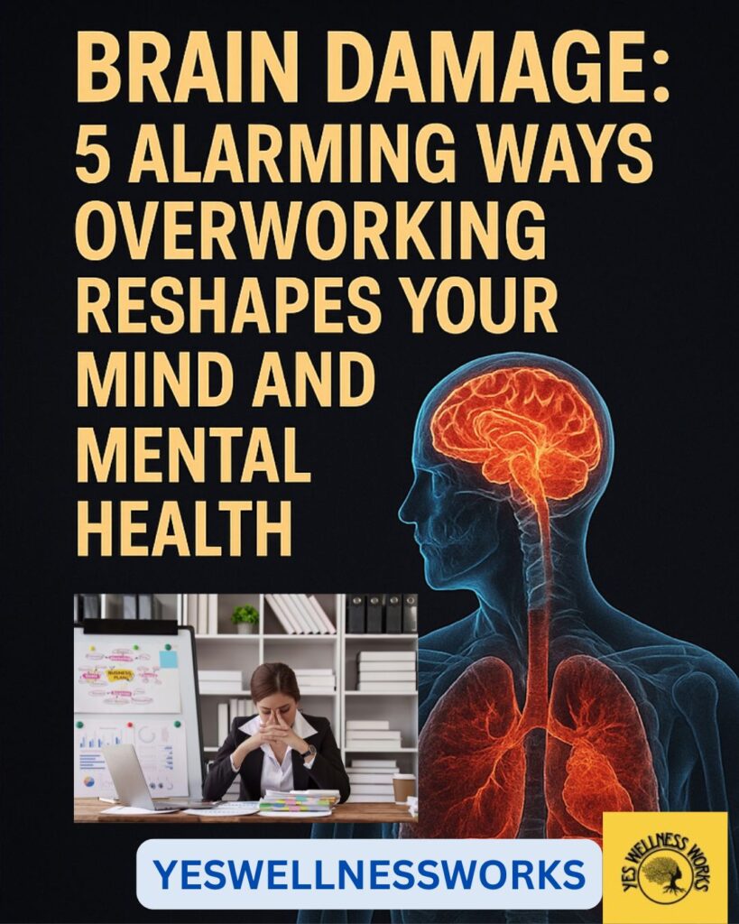 Digital illustration showing two halves of a brain — one healthy and vibrant, the other darkened and fragmented — symbolizing the impact of overworking on brain structure.