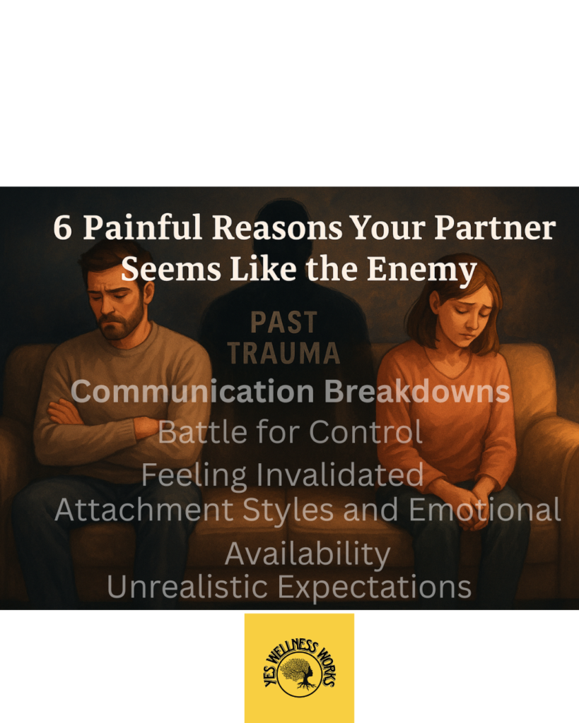 A digital illustration of a distressed couple sitting apart on a couch, with visible emotional distance, featuring the subtitle “Unhealed Past Trauma and Projection in Relationships.”