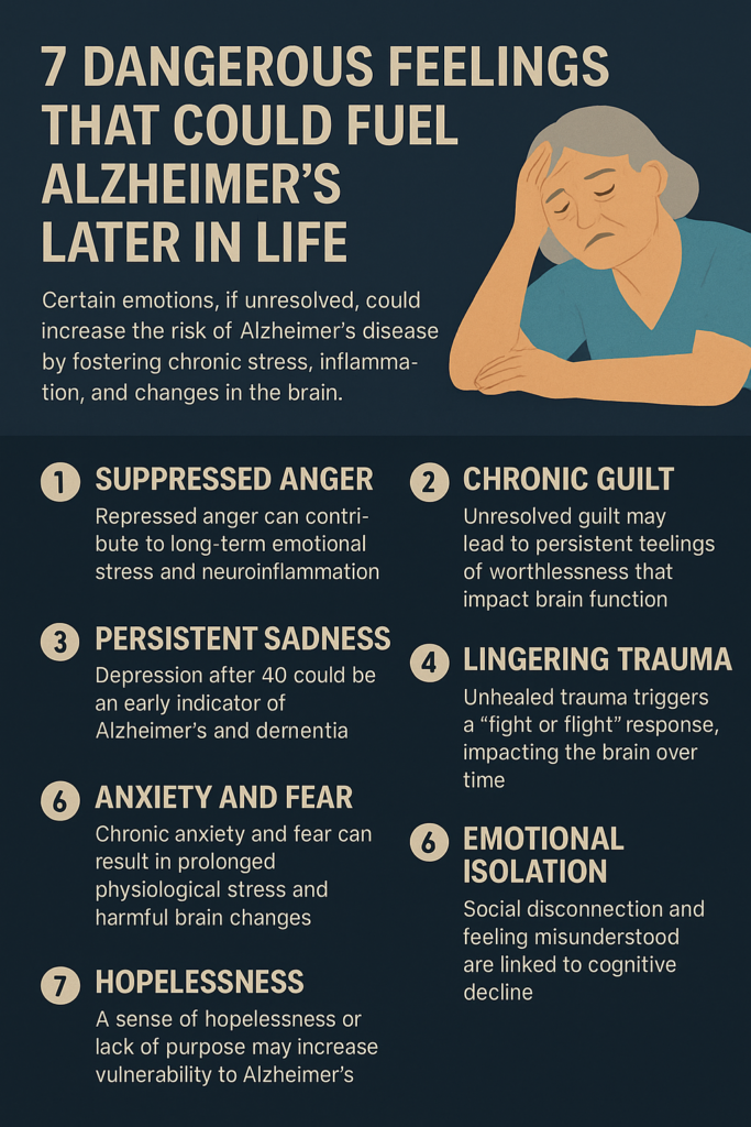 An infographic illustrating seven emotional states—chronic sadness, unresolved grief, isolation, guilt, chronic stress, hopelessness, and emotional numbness—that may increase the risk of Alzheimer's disease, with each feeling depicted by an icon and brief explanation.