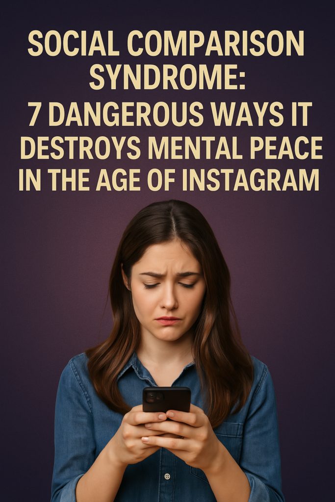 Social media A digital infographic showing a young woman looking distressed while holding a smartphone, with social media icons like Instagram and Facebook floating around her, symbolizing the emotional impact of Social Comparison Syndrome