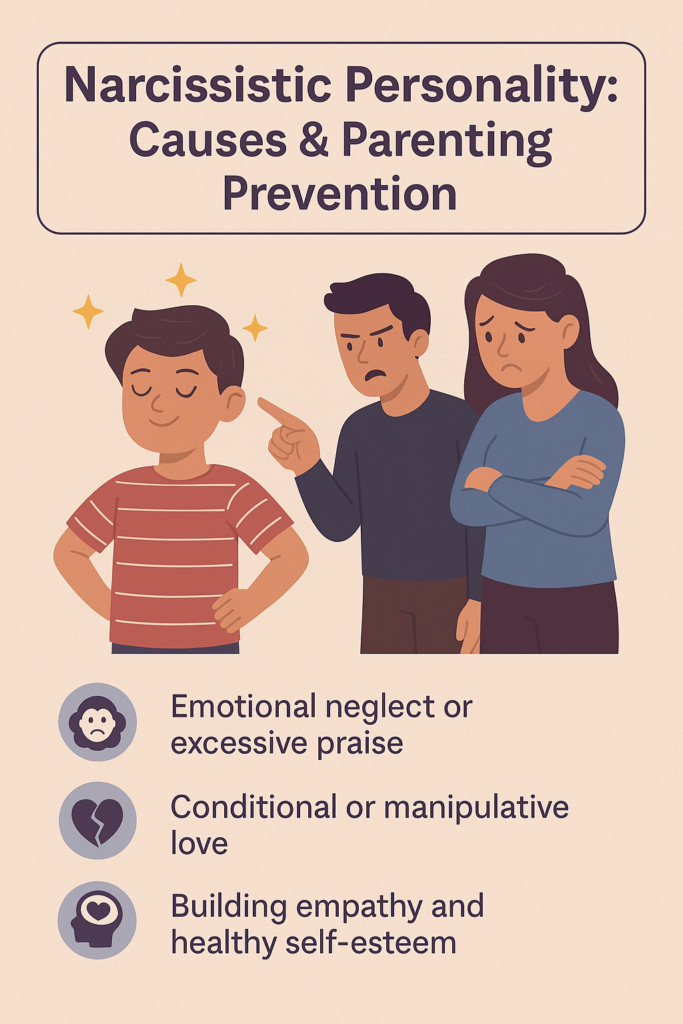 An educational infographic titled "Narcissistic Personality: Origins and Prevention," featuring a parent and child in contrast—one side showing critical and neglectful parenting, the other showing warmth, empathy, and guidance.