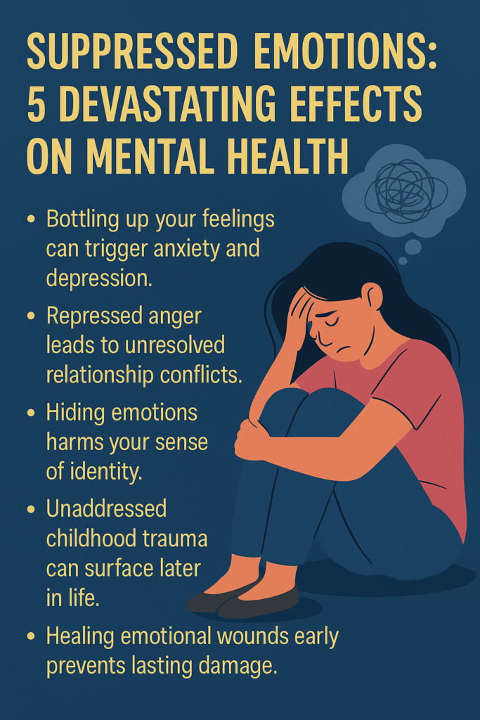 A digital infographic titled “Suppressed Emotions and Mental Health” showing a silhouette of a person with a storm cloud inside their head, symbolizing inner emotional turmoil and its effect on mental well-being.