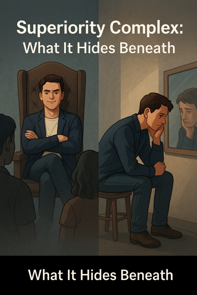 A digital illustration of percon with superiority complex divided into two contrasting scenes: one showing a person confidently standing on a pedestal labeled “Superiority,” isolated and distant, and the other depicting strained relationships and career challenges caused by ego and arrogance.