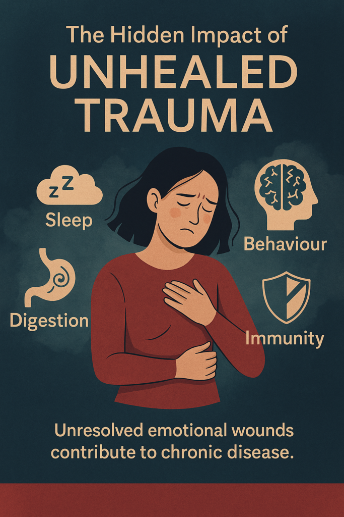 An educational infographic illustrating the physical and emotional impact of unhealed trauma, showing affected areas like sleep, digestion, behavior, and immunity.
