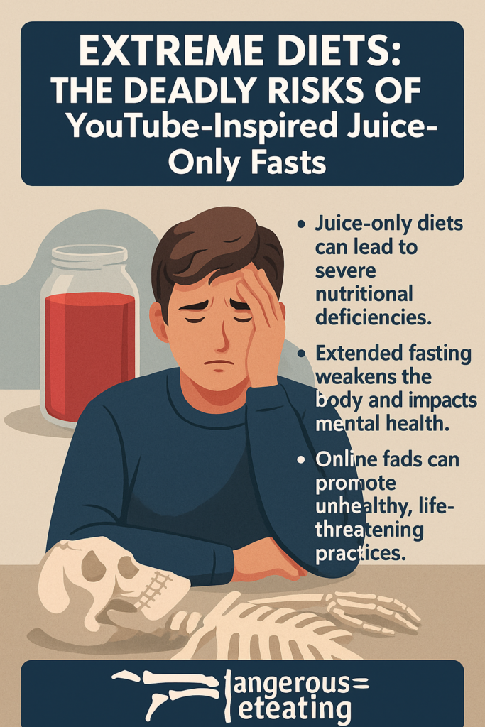 A digital awareness poster titled "Extreme Diets Can Be Deadly trend ," showing a worried teen holding a glass of juice in a dimly lit room with social media icons floating around, symbolizing online influence and danger.