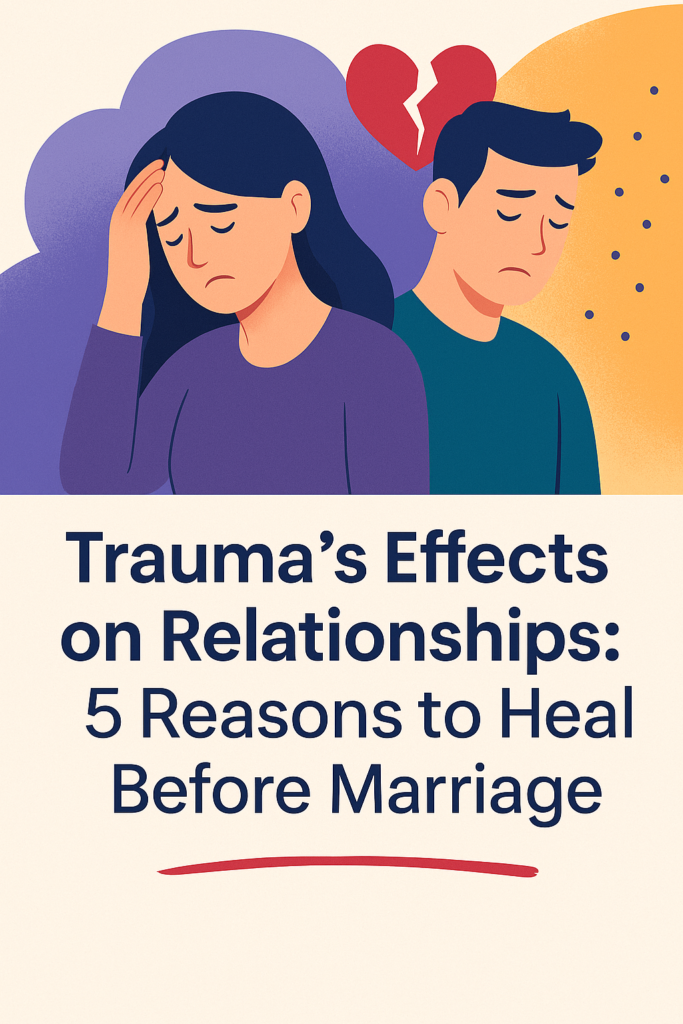 An infographic titled "5 Powerful Reasons to Heal Past Trauma Before Marriage" visually representing how unresolved emotional wounds impact present relationships. The central image shows a split illustration: one side depicts a couple emotionally disconnected due to past trauma, and the other shows emotional bonding post-healing.