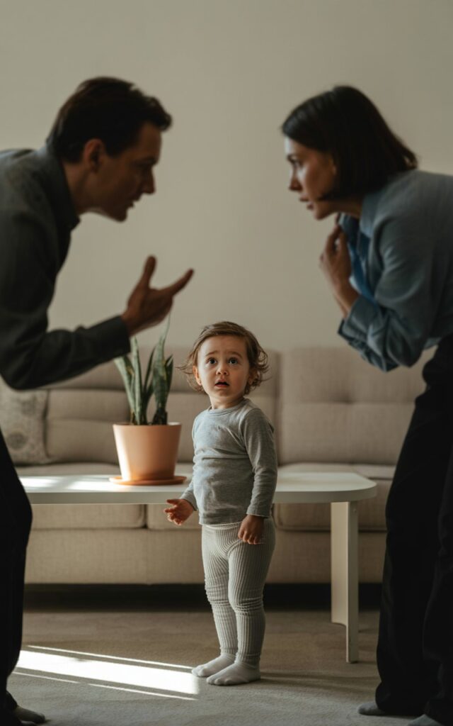 A confused child sitting between two arguing parents, symbolizing value conflict in parenting.