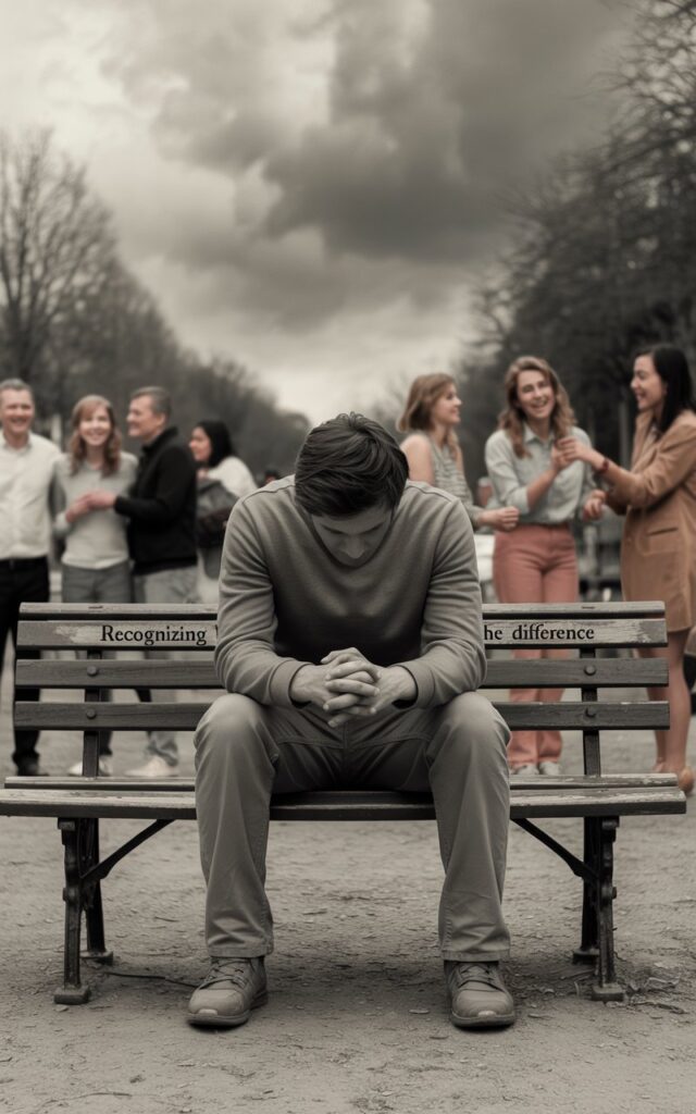 A person sitting alone on a bench, looking conflicted, with one half of the background showing social gatherings and the other half showing a dark, clouded sky—representing loneliness vs depression. Image Title: Recognizing the Difference
