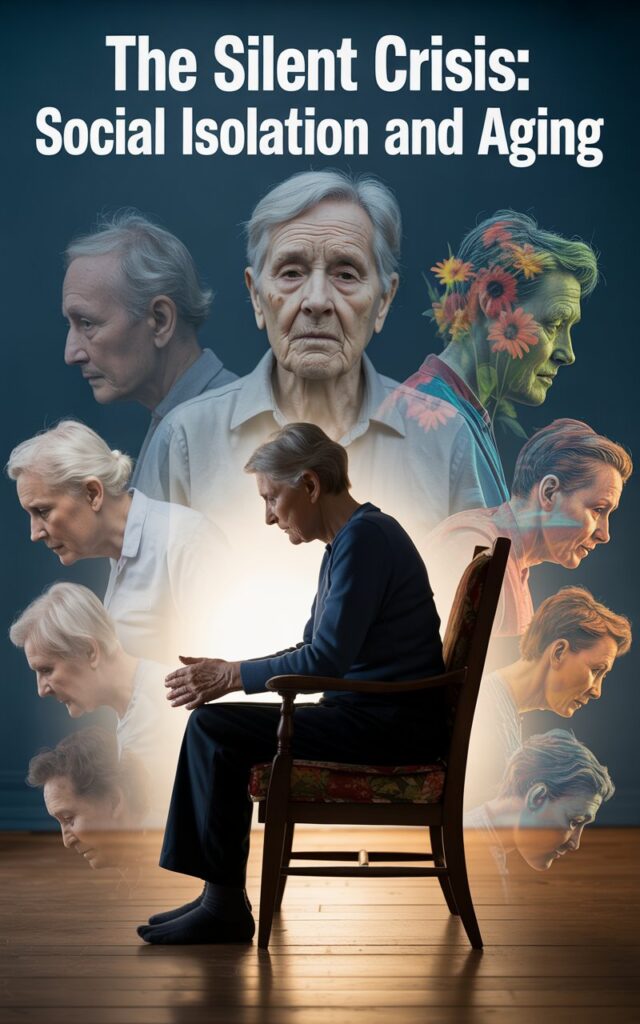 A 2D digital infographic illustrating the psychological and physical effects of social isolation on older adults, including risks of mental illness, diabetes, and brain deterioration, depicted through symbolic visuals like a lonely elderly figure, brain icons, and broken heart symbols.