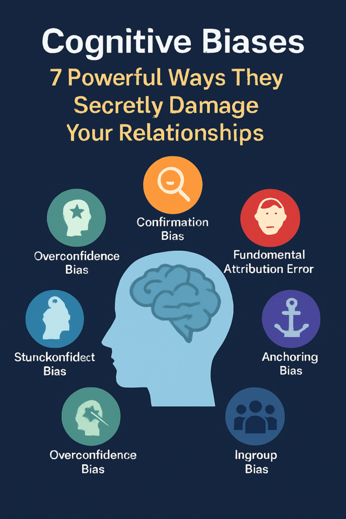 A 2D digital infographic illustrating different types of cognitive biases such as confirmation bias, projection bias, and anchoring bias, and their negative effects on personal and professional relationships