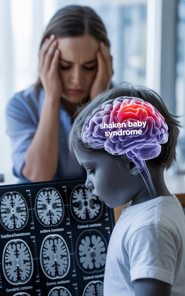 A digital illustration showing the impact of shaken baby syndrome on a child’s brain, with a caregiver in distress and medical imagery explaining brain trauma.