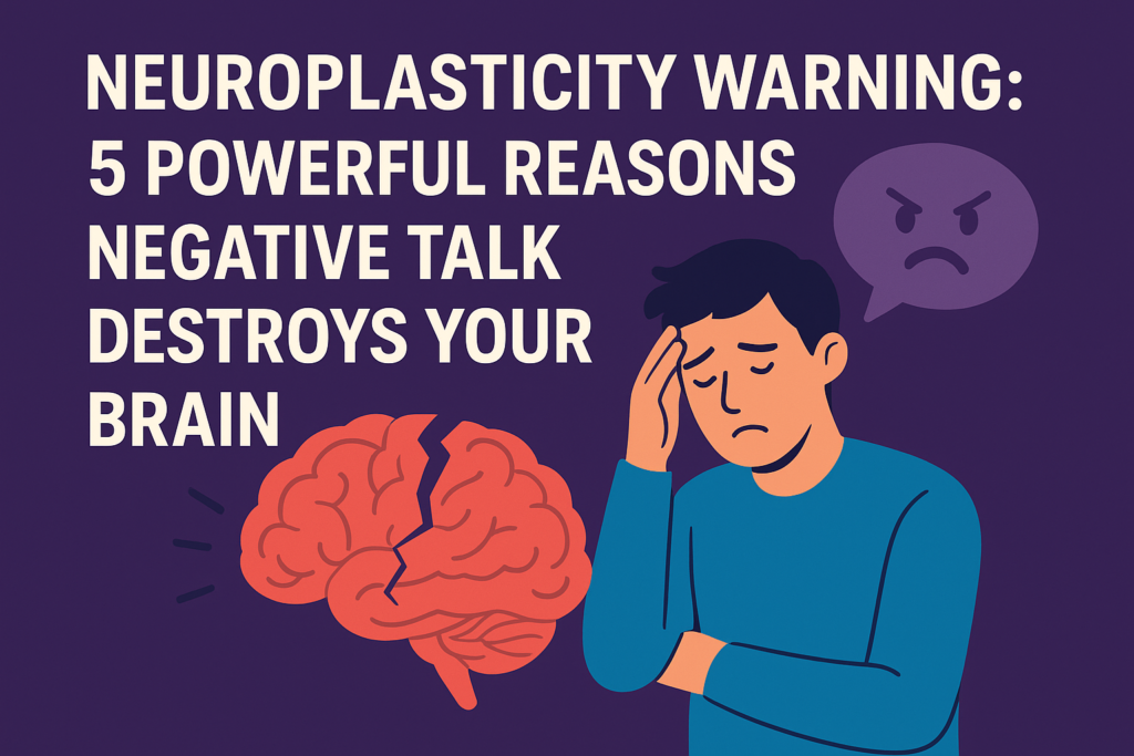 Flat-style infographic showing a cracked brain and a worried man, symbolizing the harmful effects of negative talk on neuroplasticity.