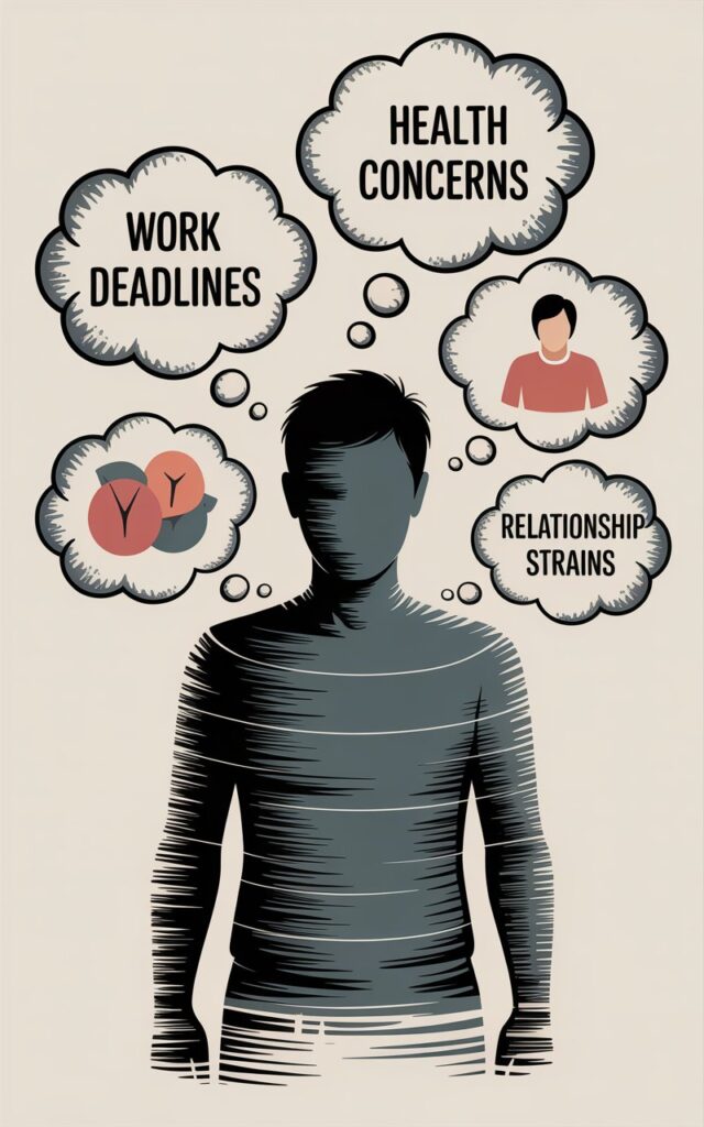 Infographic illustration of an overwhelmed person surrounded by thought bubbles labeled worry, fear, and stress, representing how anxiety secretly impacts daily life.