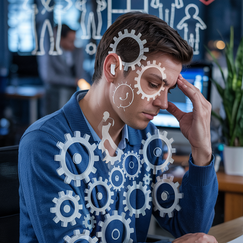Worried man sitting at his desk surrounded by illustrated gears and family symbols, symbolizing work stress, burnout, and the struggle to balance personal and professional life.