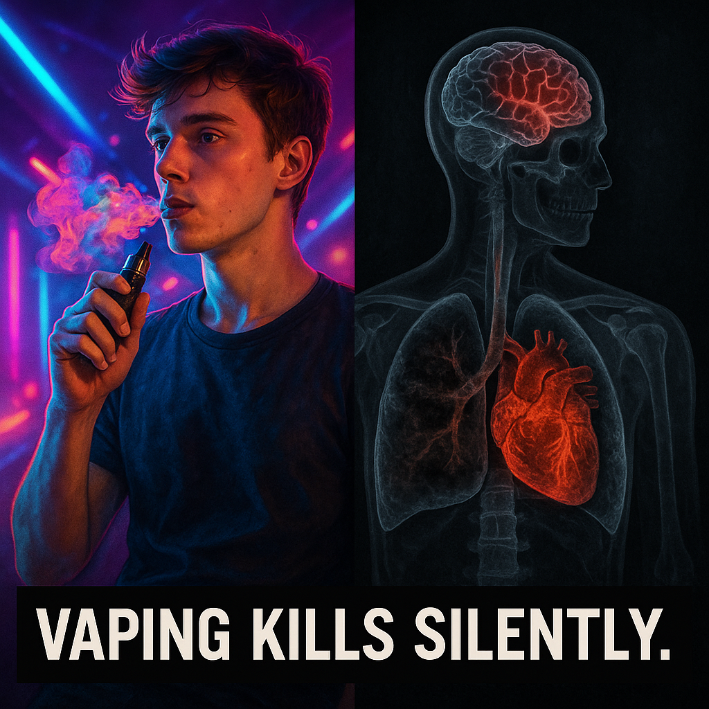 Split image showing a man vaping and shisha with colorful smoke on one side and damaged organs on the other, illustrating the hidden health dangers of vaping.