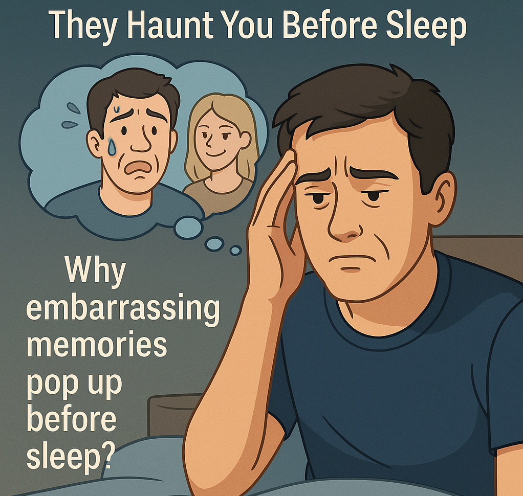Man recalling embarrassing memories before sleep, looking distressed