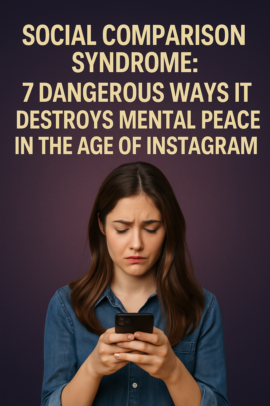 Social media A digital infographic showing a young woman looking distressed while holding a smartphone, with social media icons like Instagram and Facebook floating around her, symbolizing the emotional impact of Social Comparison Syndrome