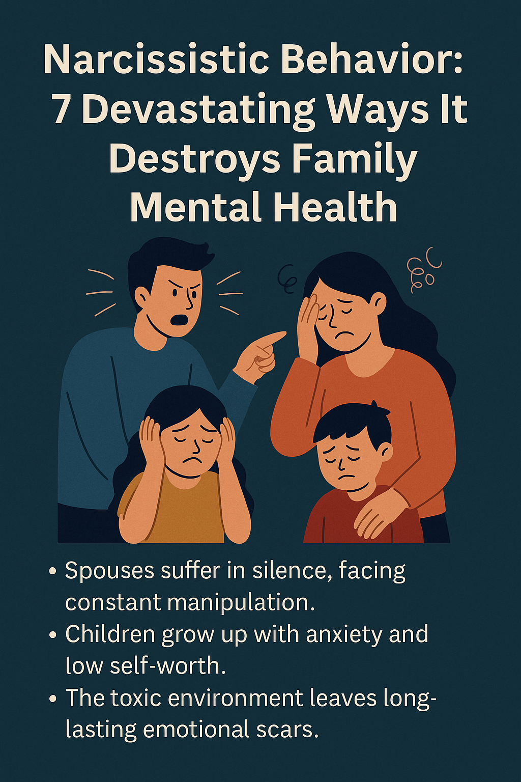 An informational digital graphic depicting a distressed woman and two children affected by a narcissistic man's behavior, symbolizing emotional neglect, manipulation, and mental distress within a family.