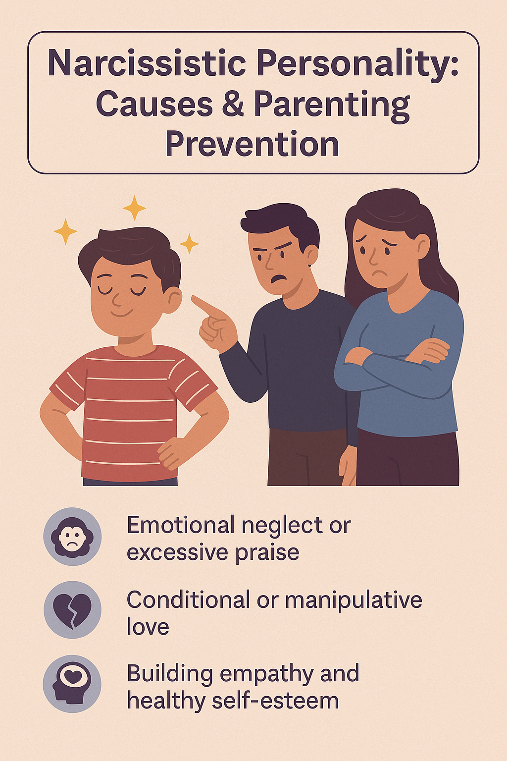 An educational infographic titled "Narcissistic Personality: Origins and Prevention," featuring a parent and child in contrast—one side showing critical and neglectful parenting, the other showing warmth, empathy, and guidance.