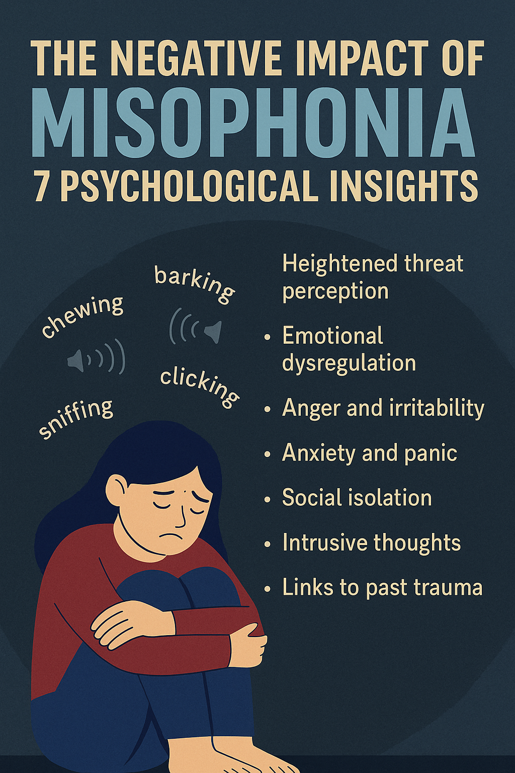 Infographic-style digital illustration depicting the psychological impact of misophonia, featuring common sound triggers like chewing and pen clicking with emotional reactions.