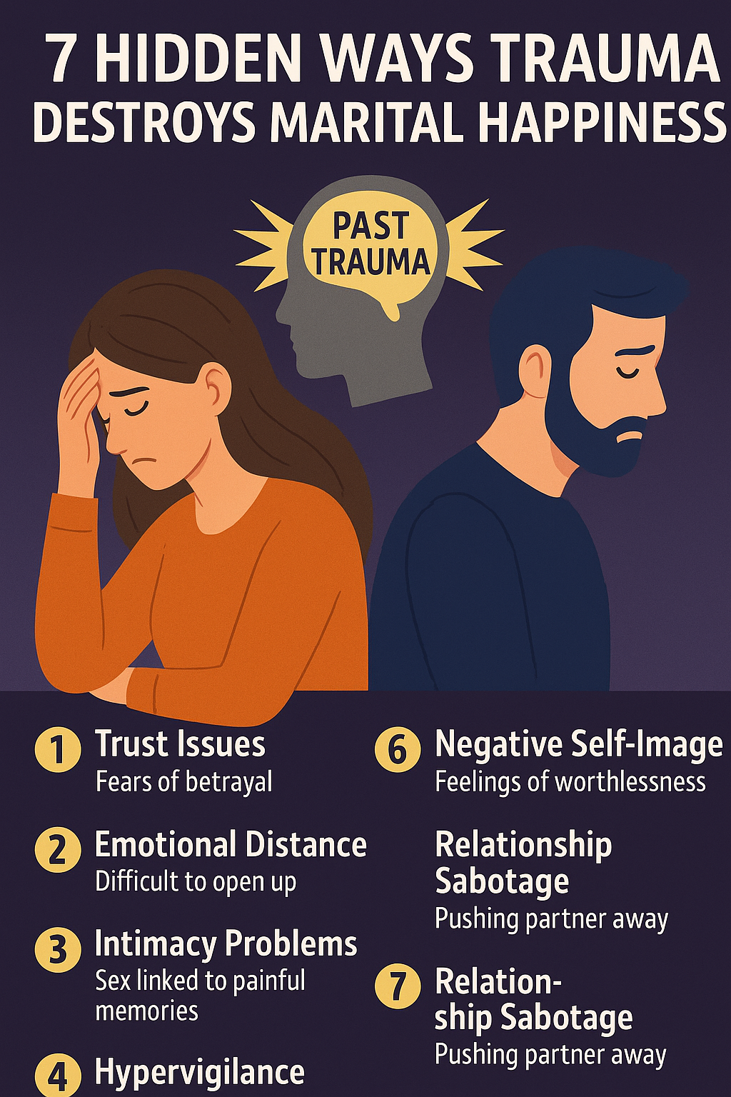 Infographic titled "7 Hidden Ways Trauma Destroys Marriages" illustrating psychological effects of past trauma on relationships with symbolic visuals of emotional withdrawal, trust issues, and fear of intimacy.
