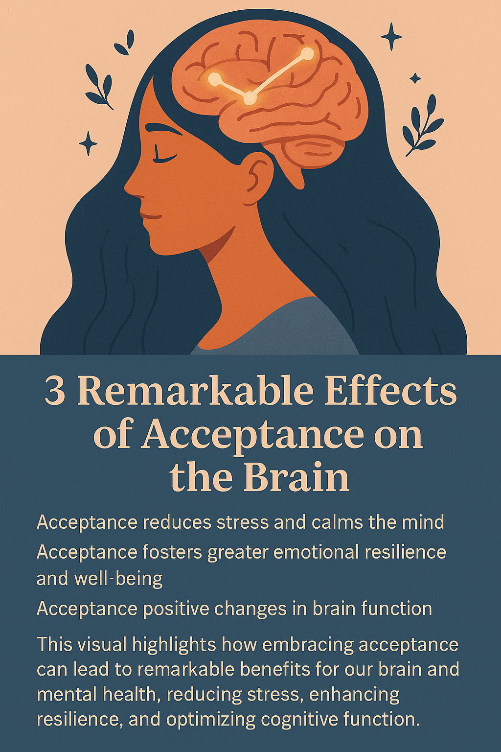 An infographic titled "3 Remarkable Effects of Acceptance on the Human Brain" divided into two halves: one side showing a peaceful brain surrounded by positive energy waves and neurons glowing with calm colors, the other side showing a stressed brain surrounded by chaos, dark stormy clouds, and fragmented neurons.
