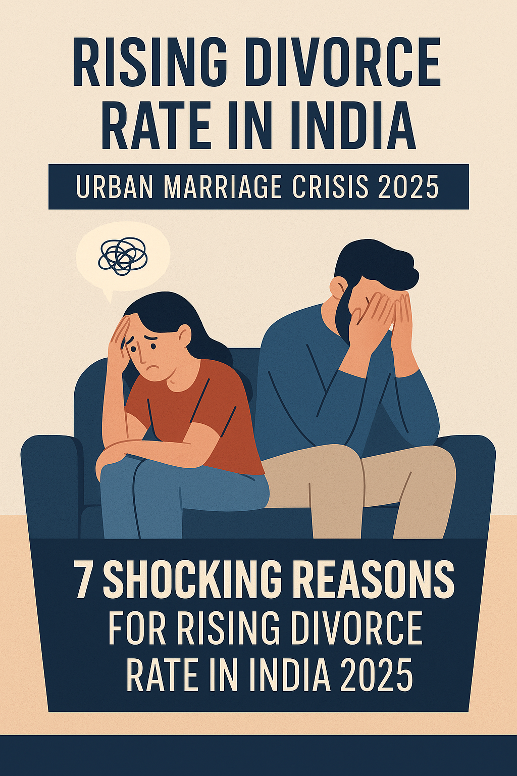 An informative digital infographic titled "Rising Divorce Rates in Urban India," highlighting key reasons such as emotional disconnect, unrealistic expectations, and mental health issues, with illustrated urban couples in conflict.