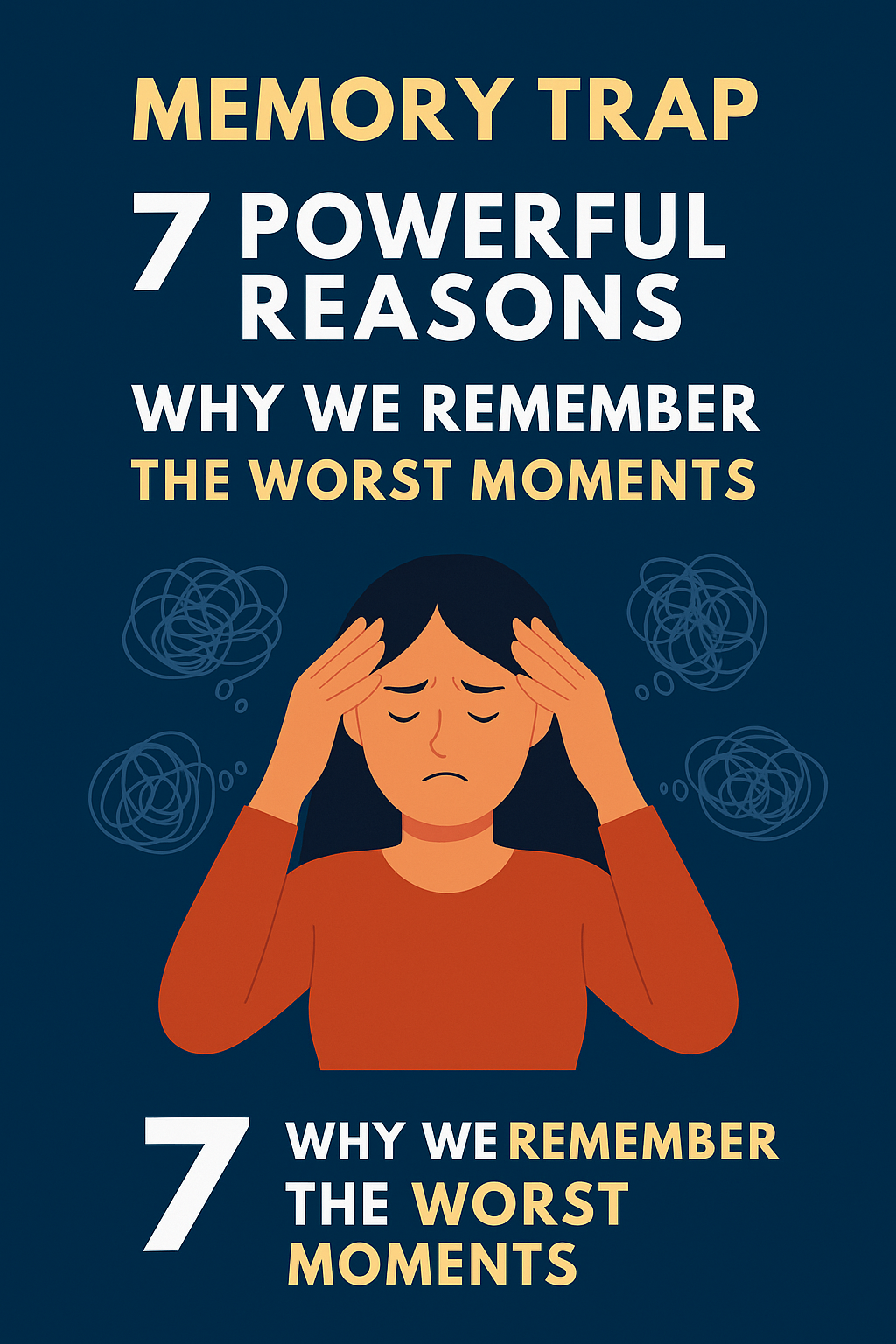 A digital educational graphic titled “Memory Trap: Why Our Mind Clings to the Worst Moments,” showing a human silhouette overwhelmed by fragmented memories, with darker events visually highlighted.
