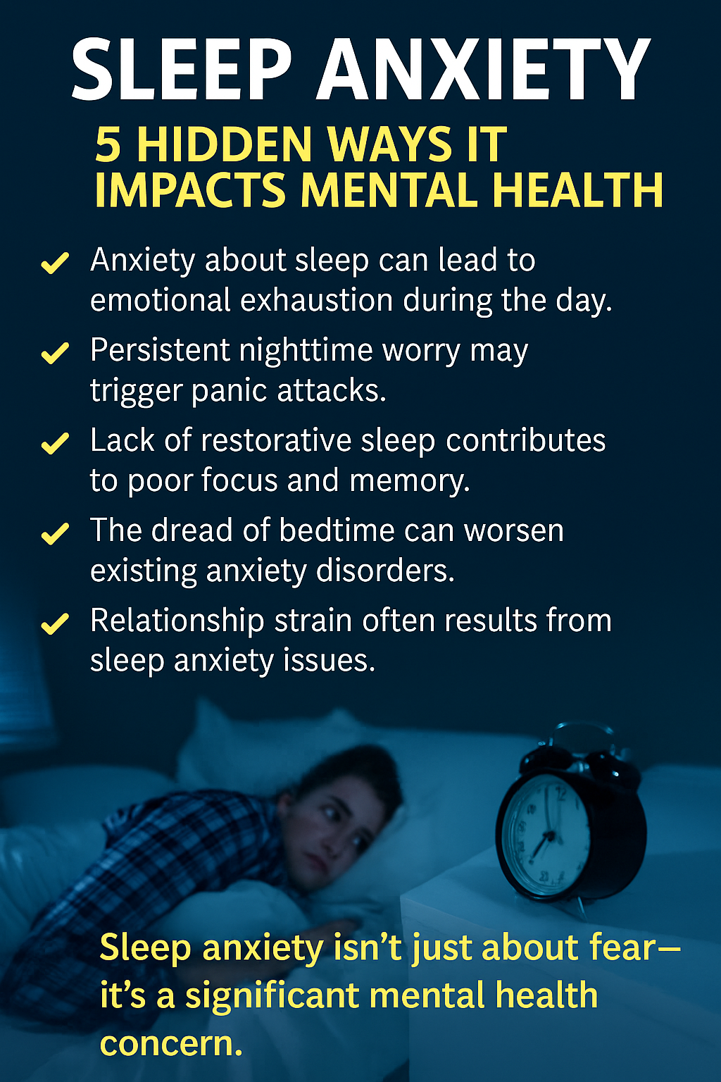 A digital infographic shows a young woman lying awake in bed, eyes wide open, with a clock showing 3:00 AM nearby, symbolizing the struggle of sleep anxiety and insomnia.