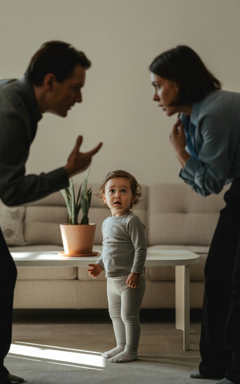 A confused child sitting between two arguing parents, symbolizing value conflict in parenting.