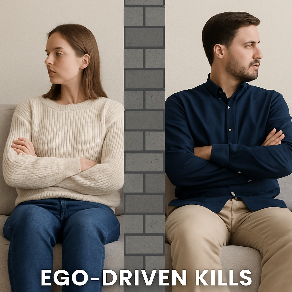 A couple sitting silently on opposite ends of a couch, both looking away with tense expressions, symbolizing ego-driven silent treatment harming emotional intimacy.