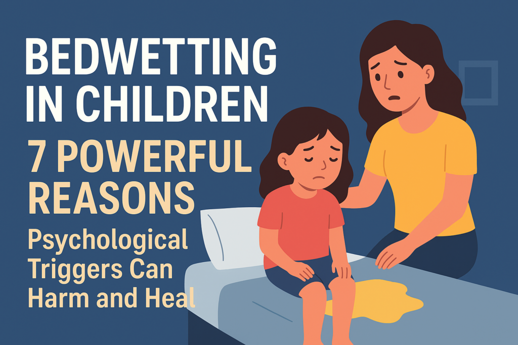 Bedwetting in Children: 7 Powerful Reasons Psychological Triggers Can Harm and Heal 2 Illustration of a worried mother comforting her sad daughter after bedwetting, highlighting 7 powerful psychological reasons behind bedwetting in children.