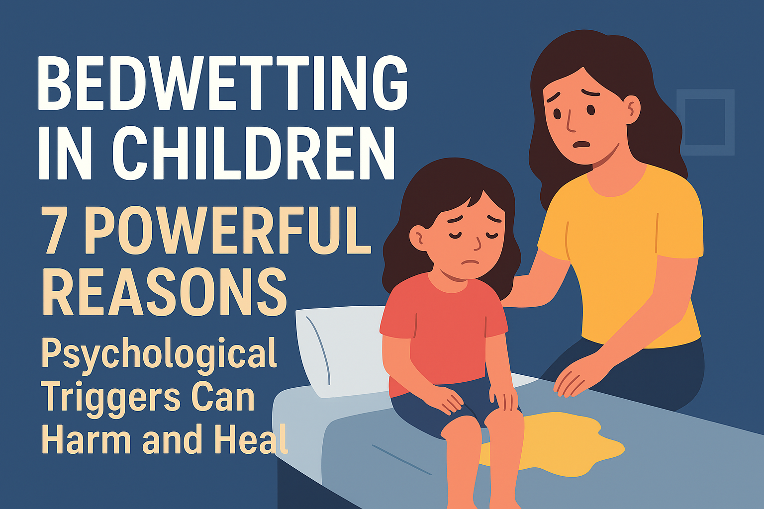 Illustration of a worried mother comforting her sad daughter after bedwetting, highlighting 7 powerful psychological reasons behind bedwetting in children.