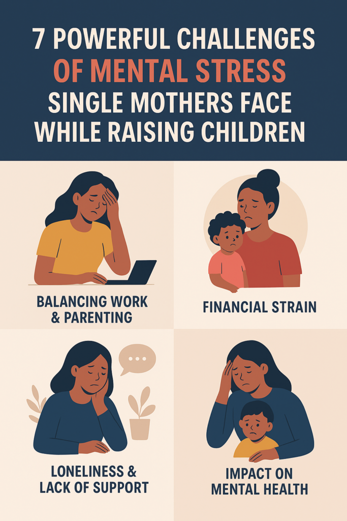 "7 Powerful Challenges Single Mothers Face While Raising Children," highlighting emotional stress, financial struggles, work-life balance, and mental health pressures.