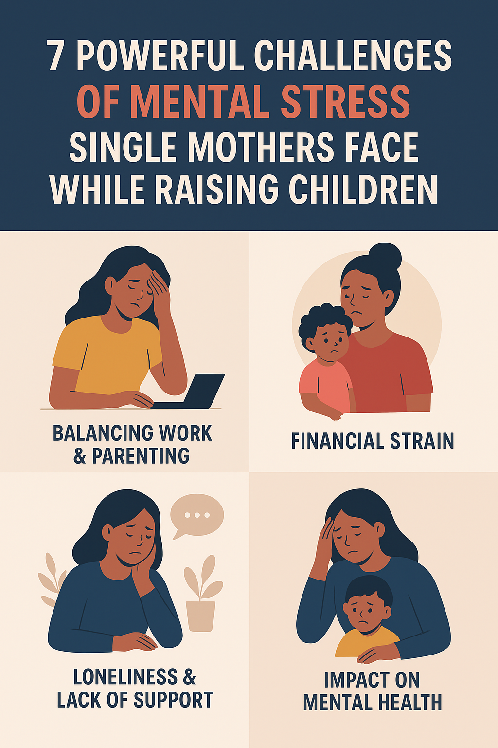 "7 Powerful Challenges Single Mothers Face While Raising Children," highlighting emotional stress, financial struggles, work-life balance, and mental health pressures.