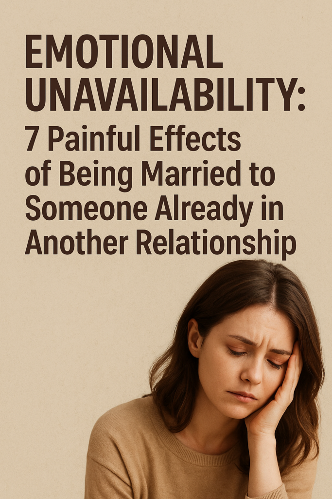 Emotional Unavailability : A symbolic digital illustration showing the emotional pain of being married to someone emotionally unavailable due to another relationship.