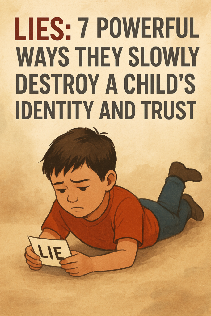 Lies: 7 Powerful Ways They Slowly Destroy a Child’s Identity and Trust 2 A young boy surrounded by shadowy versions of himself, each representing a lies, showing how dishonesty gradually becomes part of his identity.
