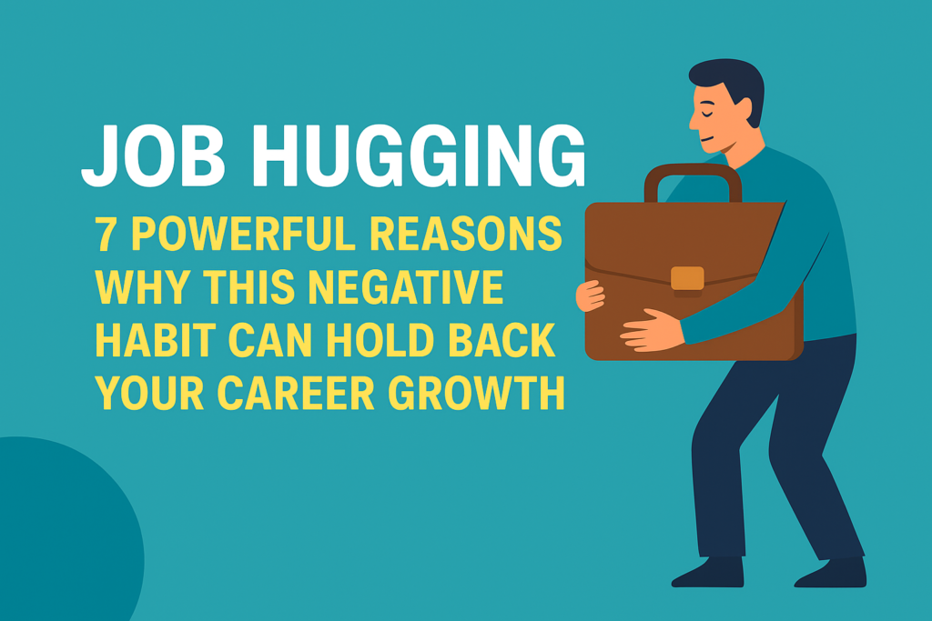 Job Hugging: 7 Damaging Ways Ignoring Acceptance Hurts Your Brain and Mental Health 2 Job hugging illustration showing a man clinging to a briefcase with text highlighting 7 powerful reasons why this negative habit can hold back career growth.