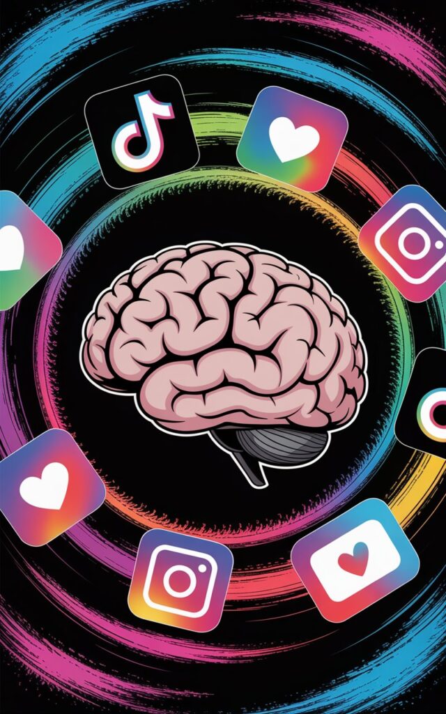 A conceptual digital illustration of a brain surrounded by glowing short form video icons, symbolizing overstimulation and declining attention span.