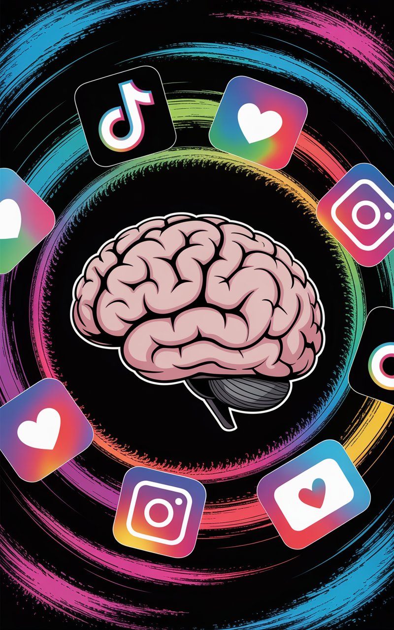 A conceptual digital illustration of a brain surrounded by glowing short form video icons, symbolizing overstimulation and declining attention span.
