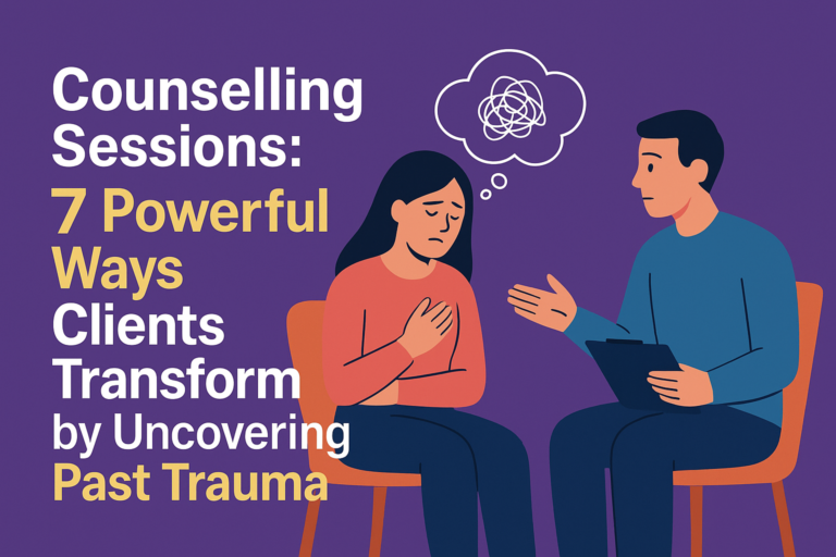 Flat-style infographic illustrating a client in counseling, realizing how past trauma influences present problems.