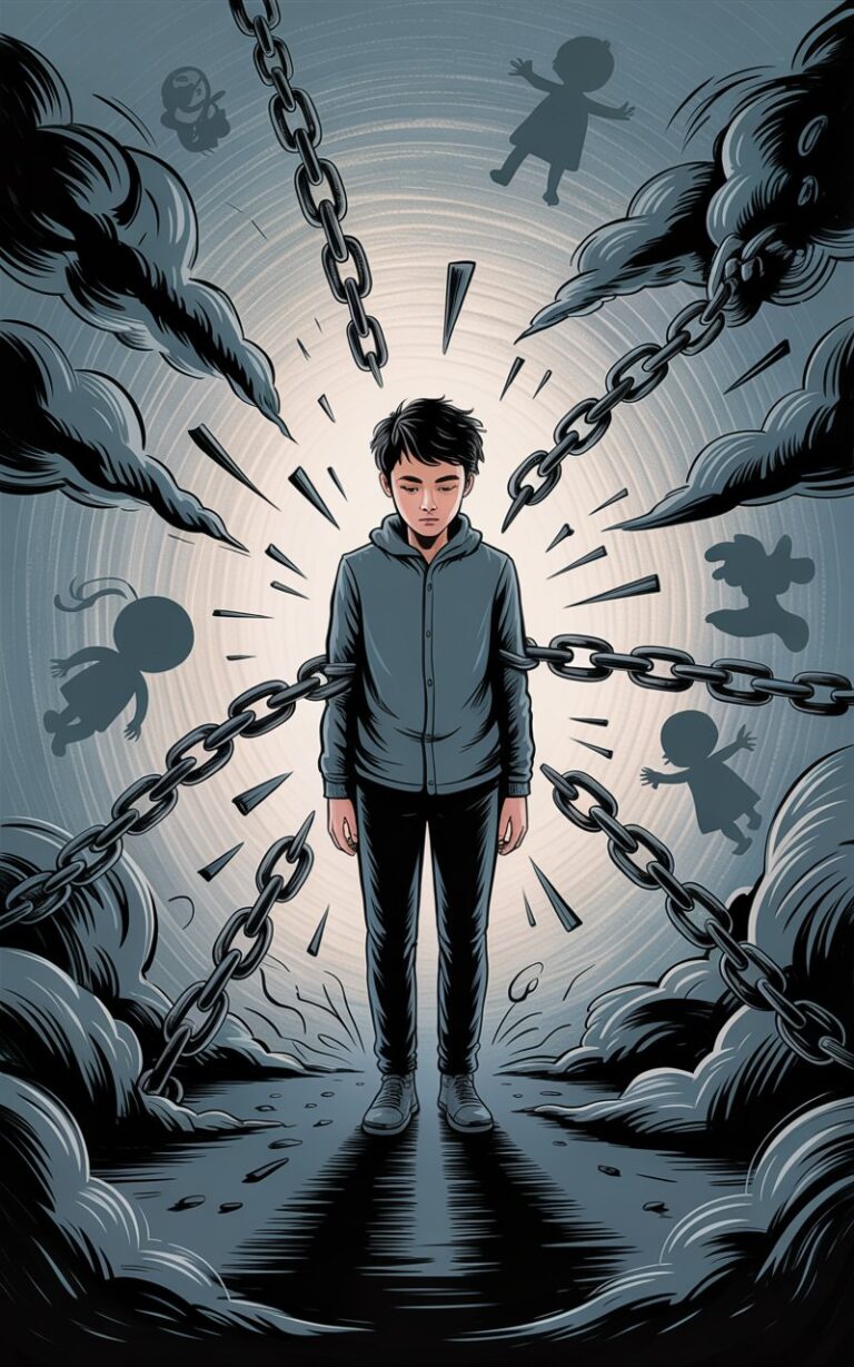 Infographic illustration showing a distressed figure surrounded by dark clouds, broken chains, and childhood trauma symbols, representing the damaging effects of adverse childhood experience.