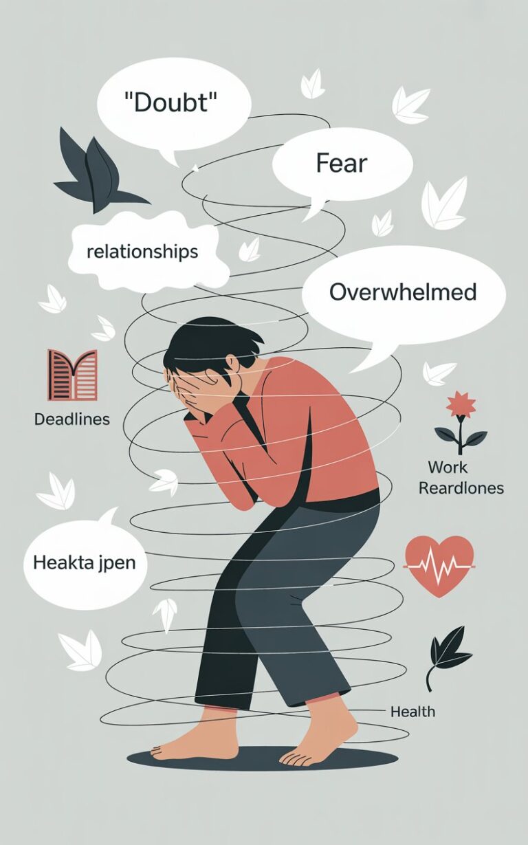 Infographic illustration of an overwhelmed person surrounded by thought bubbles labeled worry, fear, and stress, representing how anxiety secretly impacts daily life.