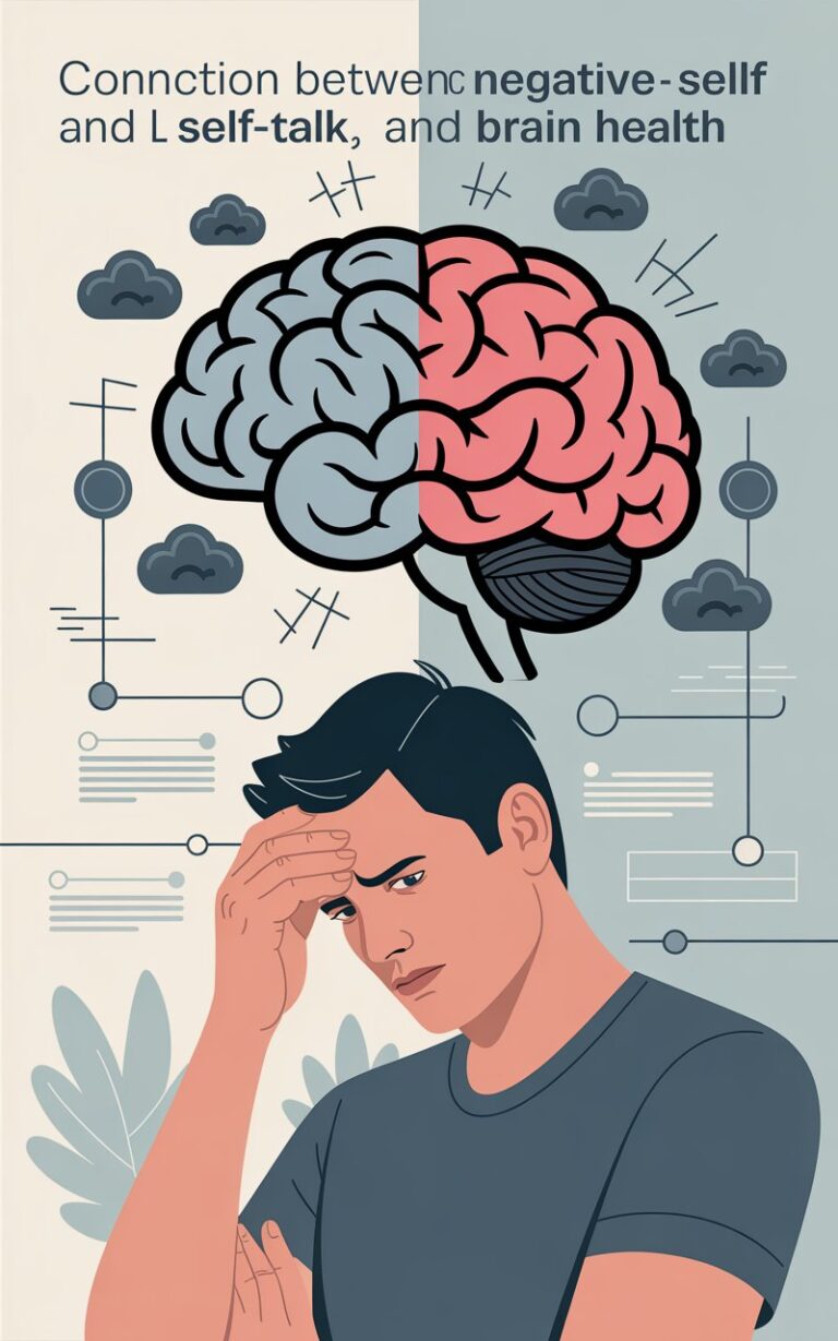 Flat-style infographic showing a cracked brain and a worried man, symbolizing the harmful effects of negative talk on neuroplasticity.